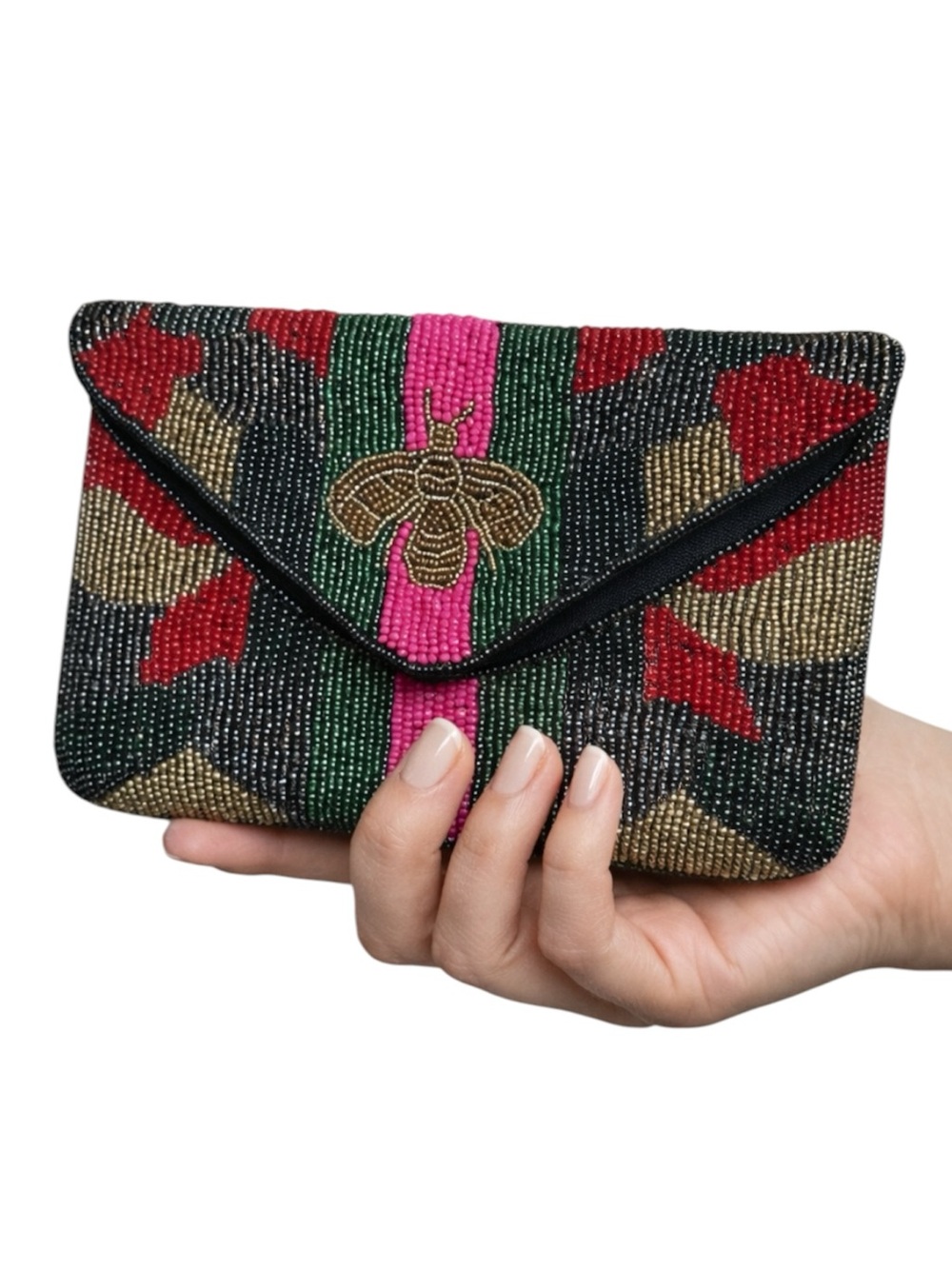 Boho Beaded Bee Clutch Envelope Crossbody Bag Pink Green Striped Camo Pattern
Y